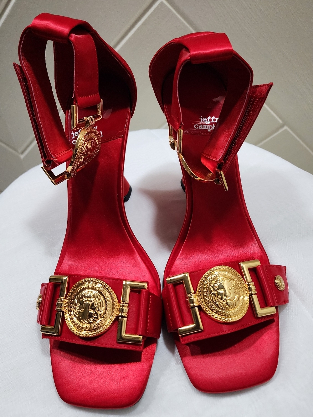 Jeffrey Campbell Red Satin Medallion Ankle-Strap Heels